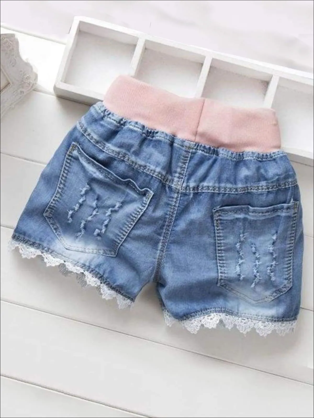 Girls Bedazzled Bows Embroidered Hem Denim Shorts