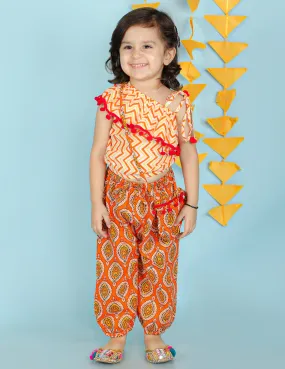 Girl's White/Orange Color Sassy Frill Top With Harem Pants And Bag - KID1 Girls