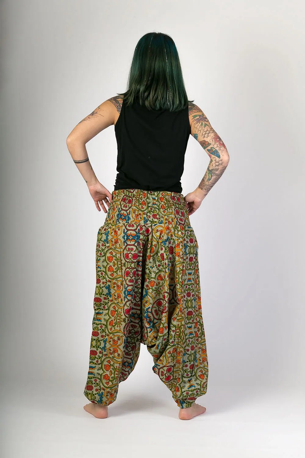 Green Floral Print Cotton Harem Yoga Jumpsuit Pants