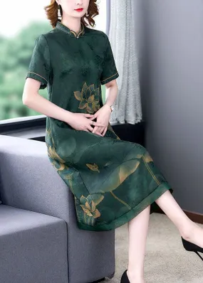 Green Lotus Print Silk A Line Skirts Stand Collar Summer LY2240