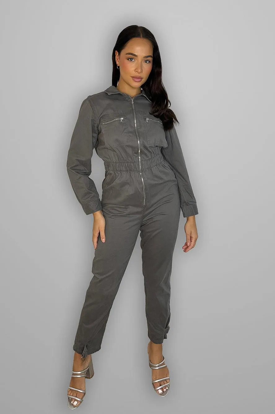 Grey Denim Zippers Details Boiler Jumpsuit