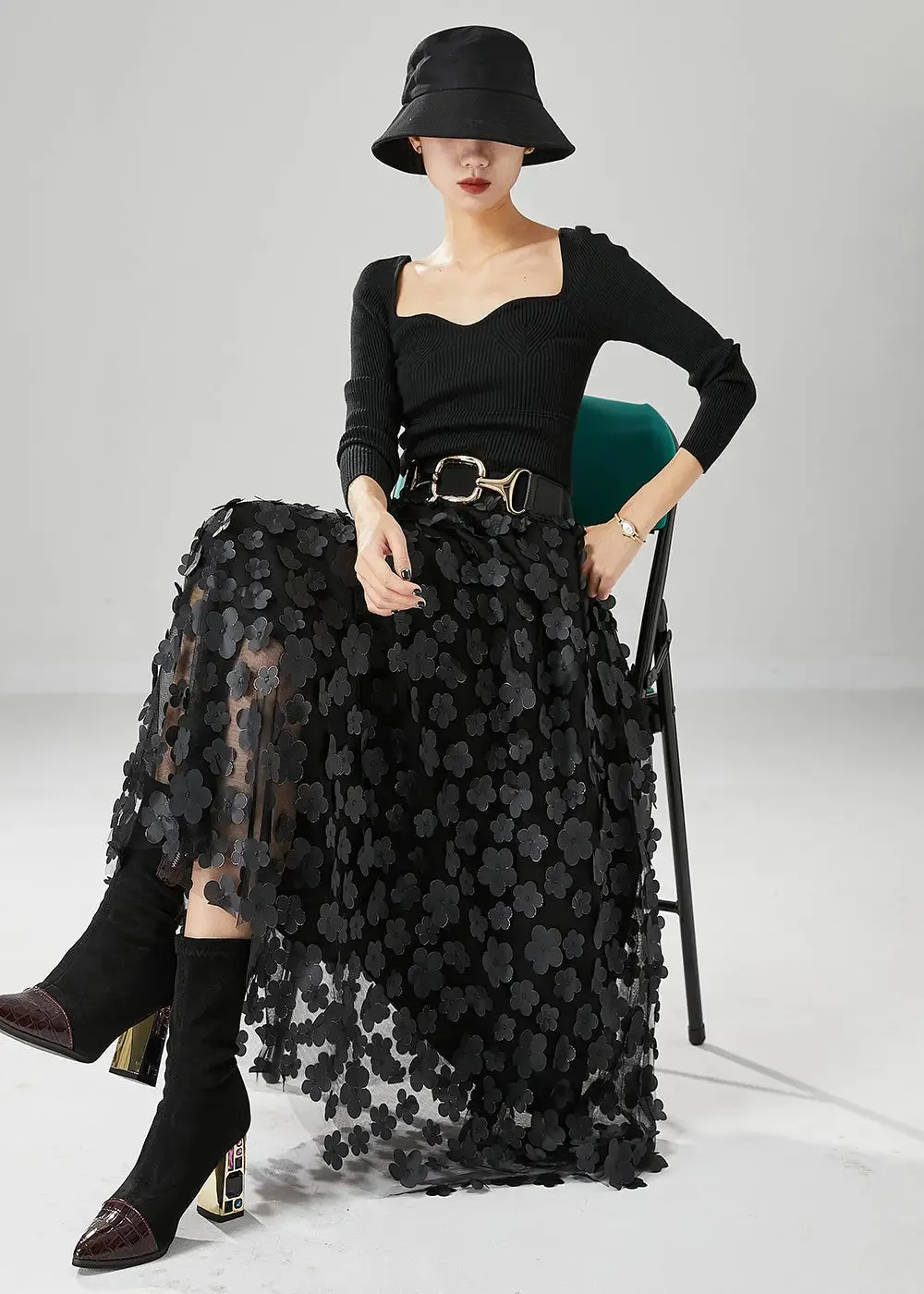 Handmade Black Floral Appliqued Tulle A Line Skirts Fall ML0484