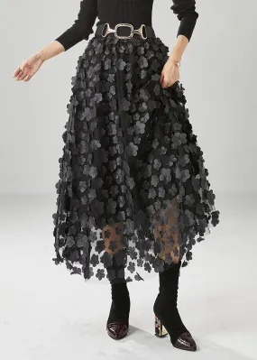 Handmade Black Floral Appliqued Tulle A Line Skirts Fall ML0484