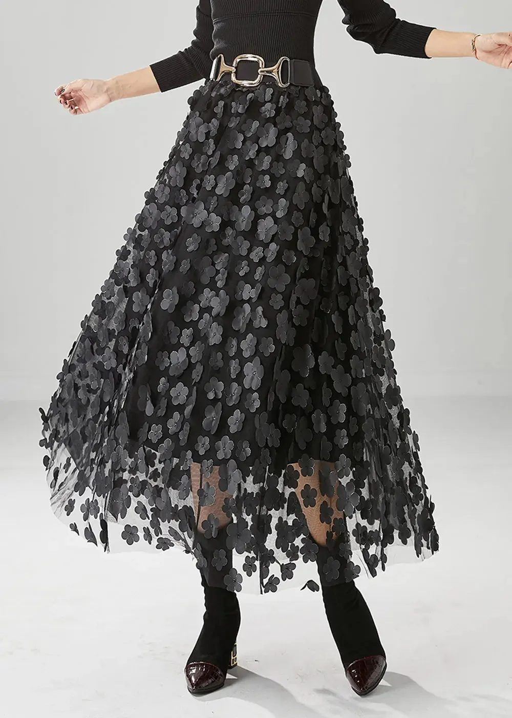 Handmade Black Floral Appliqued Tulle A Line Skirts Fall ML0484