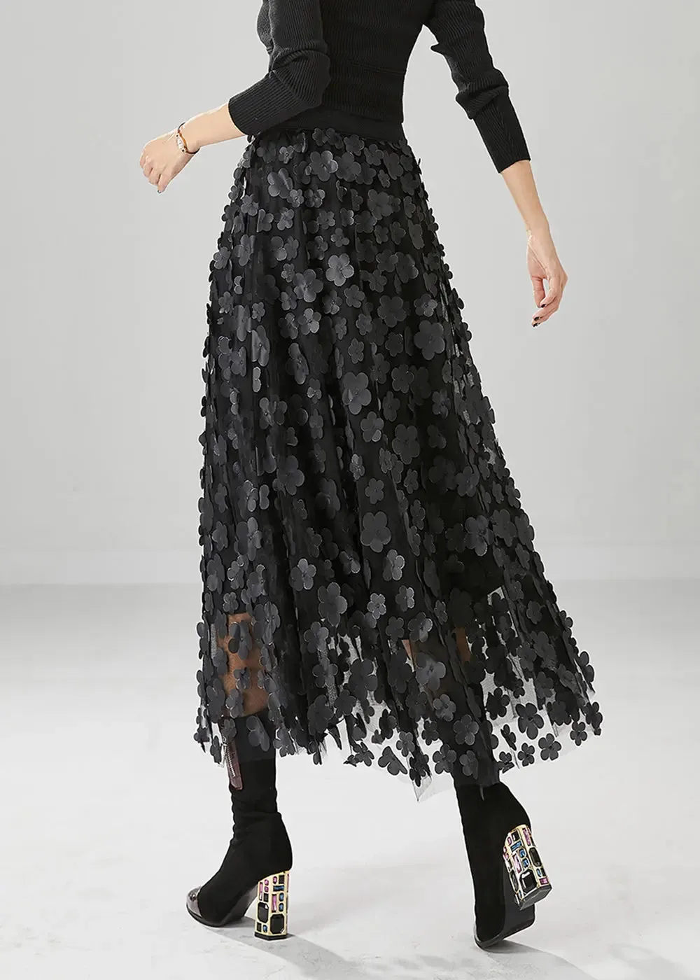 Handmade Black Floral Appliqued Tulle A Line Skirts Fall ML0484