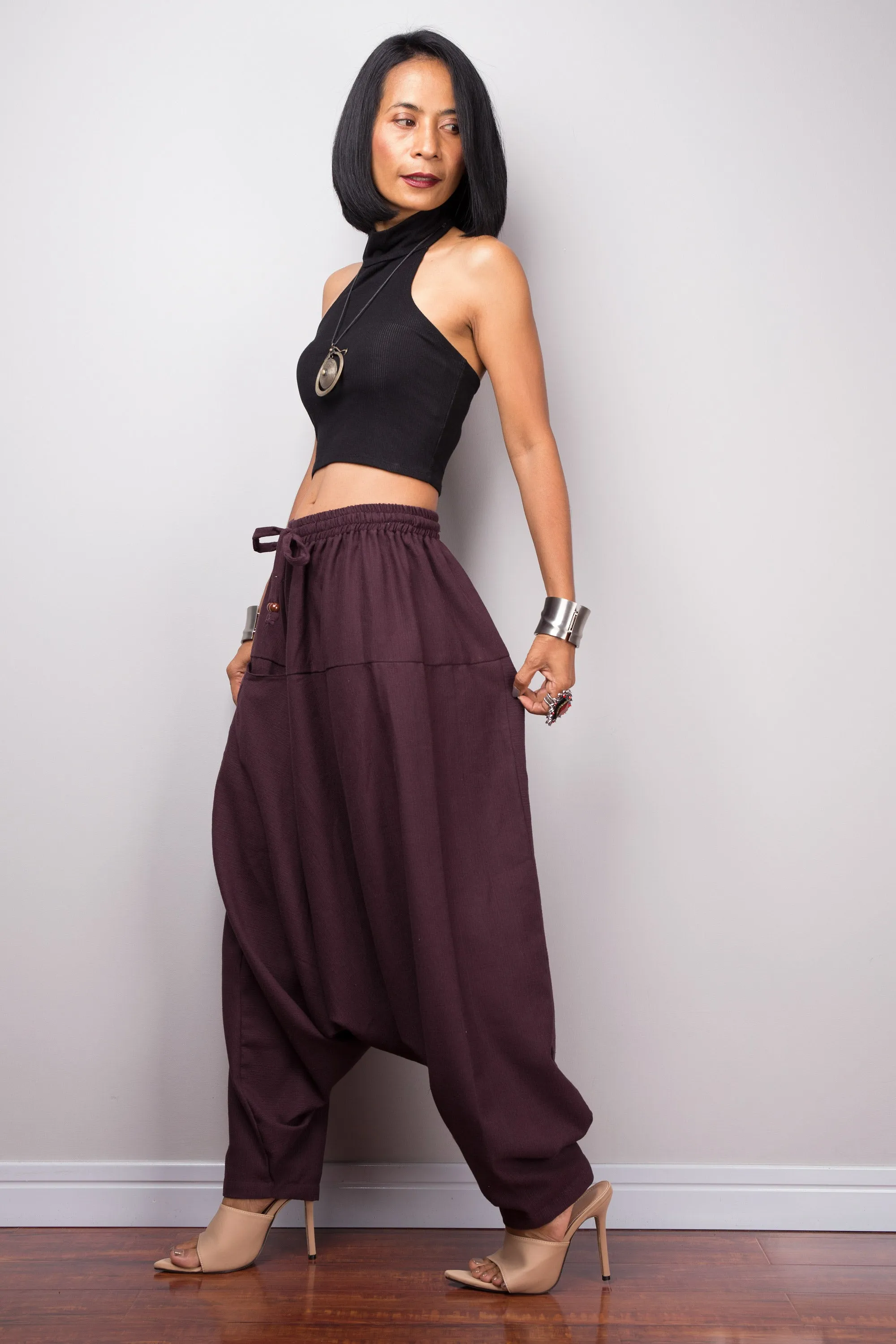 Harem pants | Unisex cotton pants | Loose fit burgundy trousers | Summer festival pants