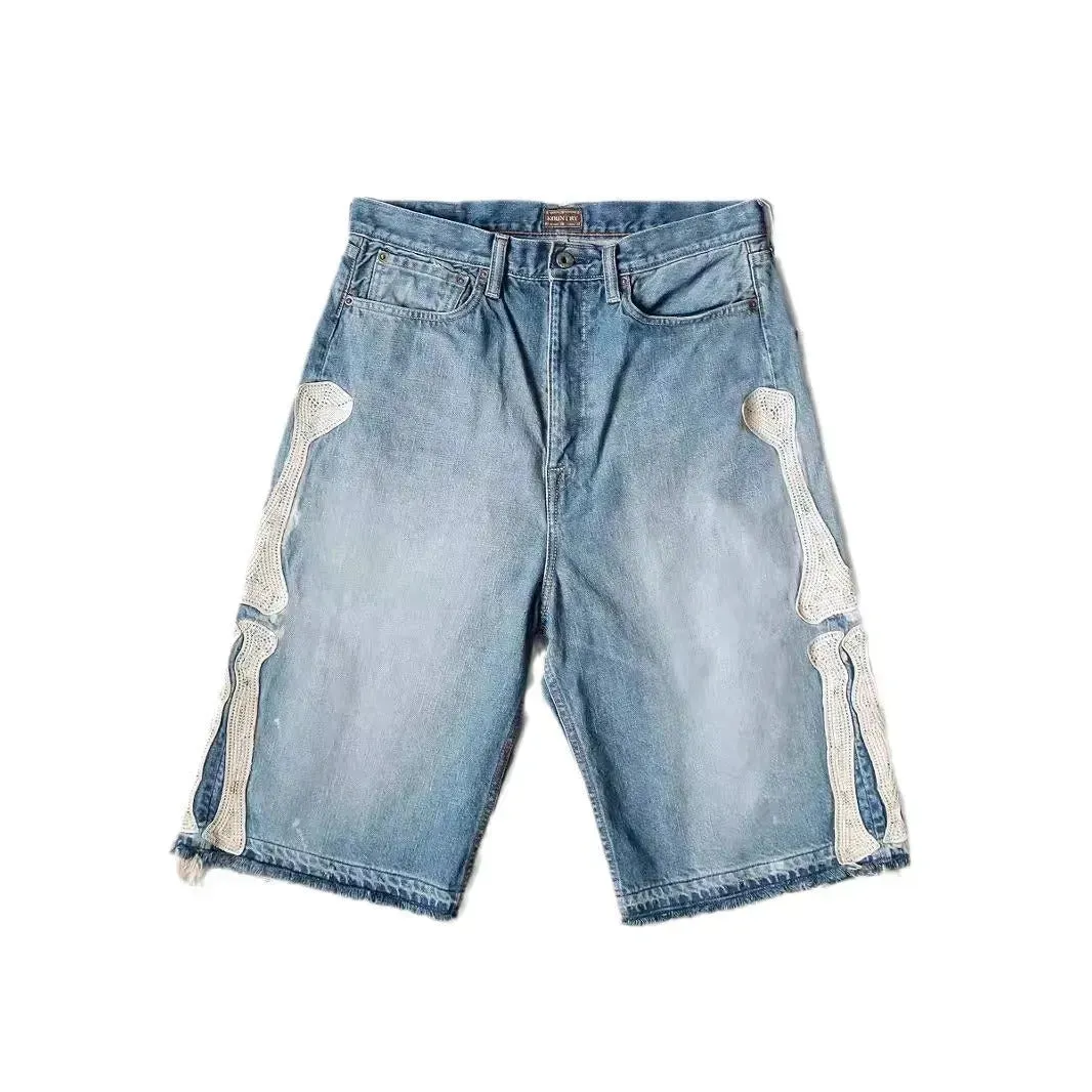 Hip Hop Embroidered Bones Casual Denim Shorts for Men Jeans shorts for Men