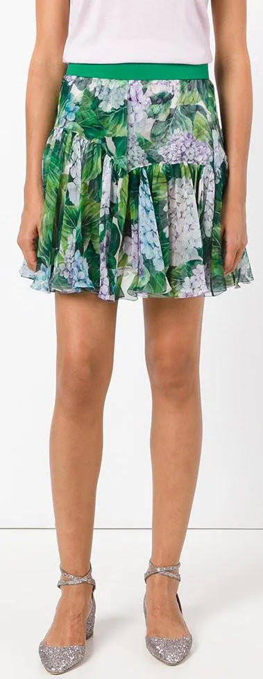 Hydrangea Printed Pleated Silk Skirt