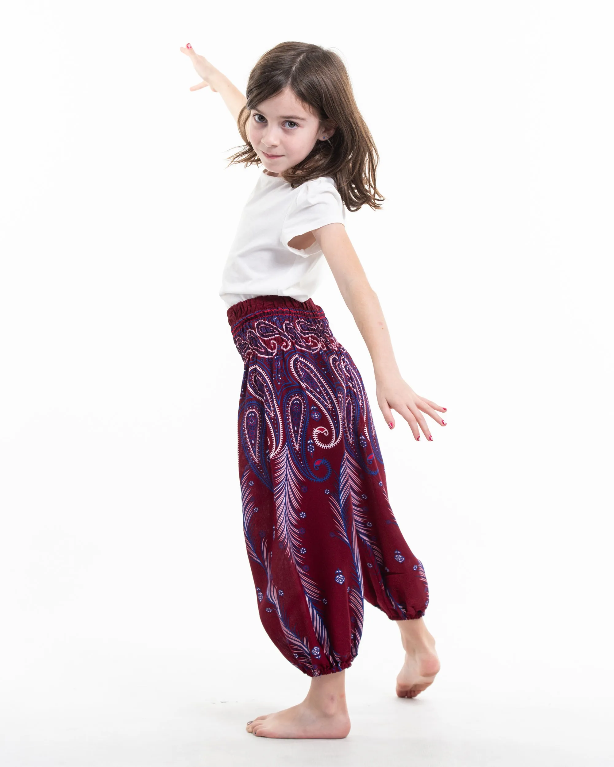 Kids Paisley Feathers Harem  Pants in Red