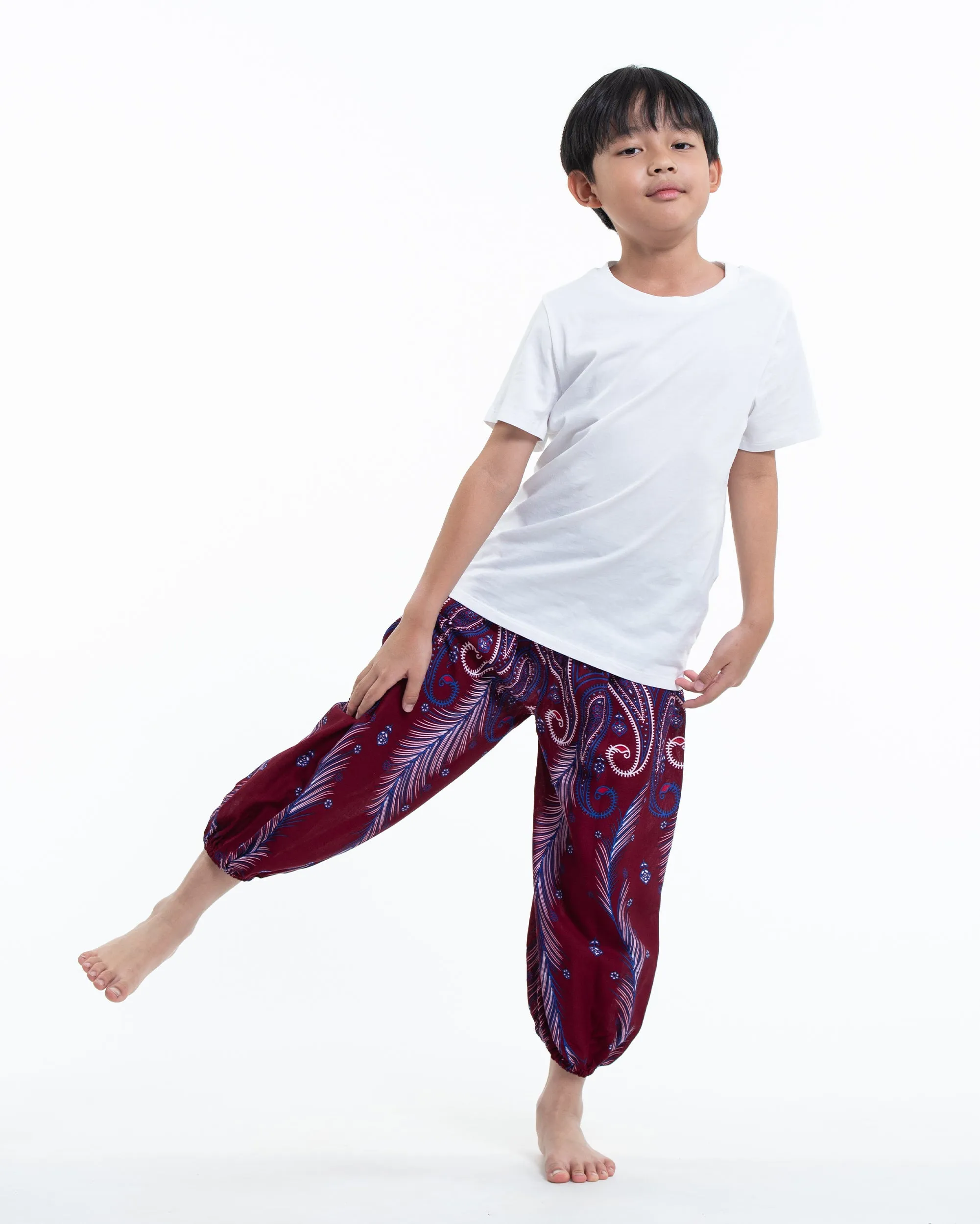 Kids Paisley Feathers Harem  Pants in Red