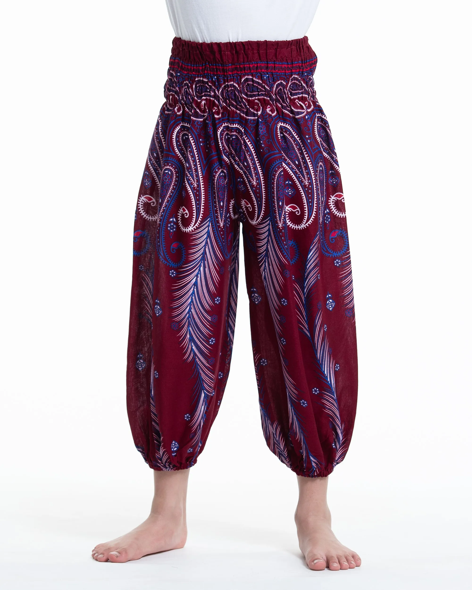 Kids Paisley Feathers Harem  Pants in Red