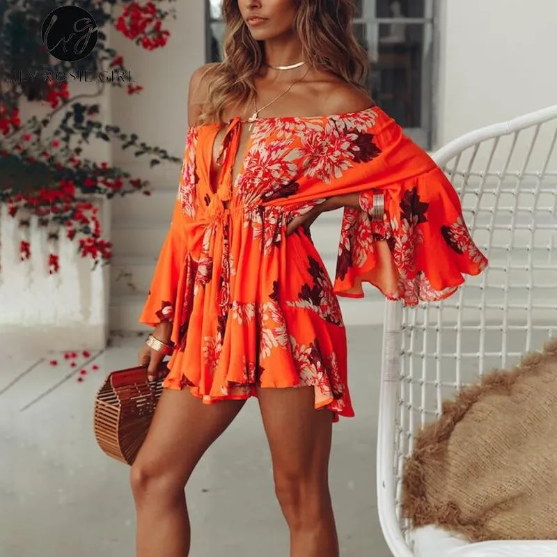 Lily Rosie Girl Off Shoulder Flare Sleeve Summer Playsuit Print Floral Boho Beach Women Orange Short Jumpsuit Rompers