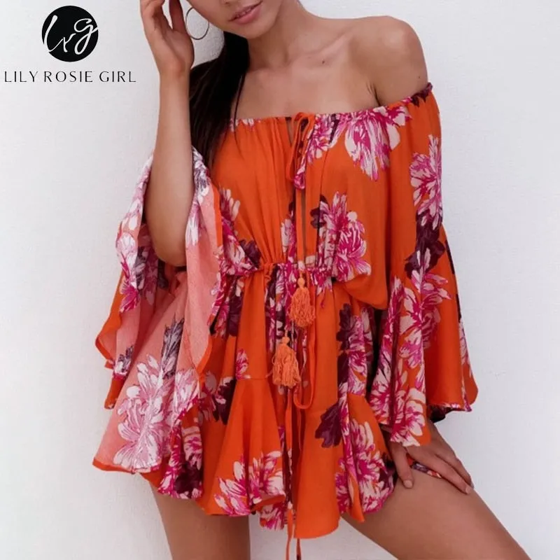 Lily Rosie Girl Off Shoulder Flare Sleeve Summer Playsuit Print Floral Boho Beach Women Orange Short Jumpsuit Rompers