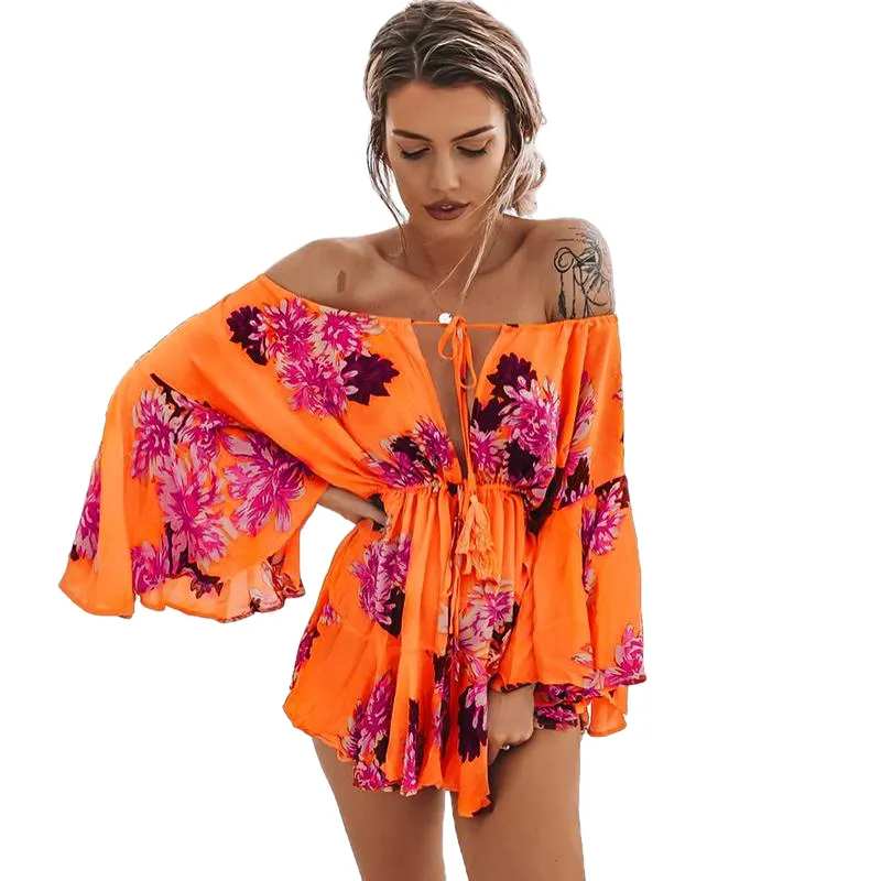 Lily Rosie Girl Off Shoulder Flare Sleeve Summer Playsuit Print Floral Boho Beach Women Orange Short Jumpsuit Rompers