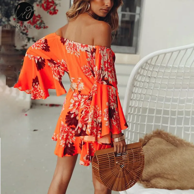 Lily Rosie Girl Off Shoulder Flare Sleeve Summer Playsuit Print Floral Boho Beach Women Orange Short Jumpsuit Rompers