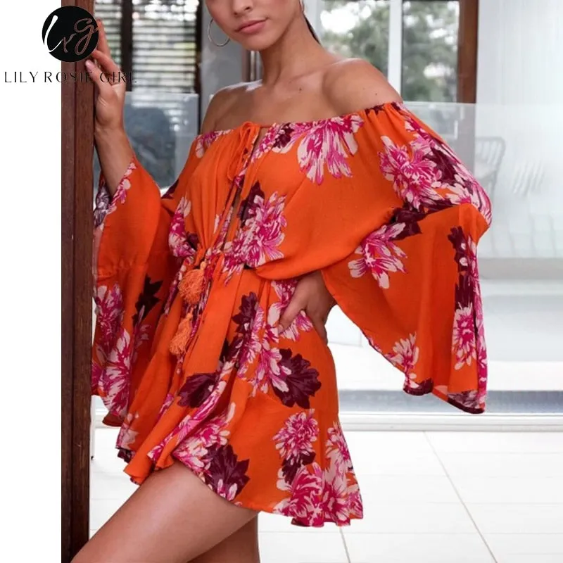 Lily Rosie Girl Off Shoulder Flare Sleeve Summer Playsuit Print Floral Boho Beach Women Orange Short Jumpsuit Rompers