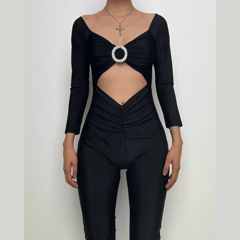 Long sleeve off shoulder o ring solid jumpsuit