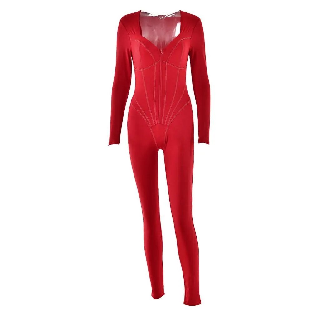 Long sleeve v neck zip-up stitch solid jumpsuit