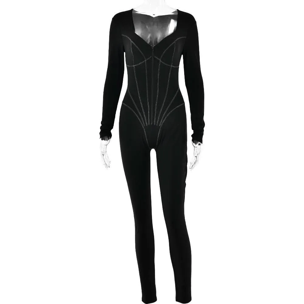 Long sleeve v neck zip-up stitch solid jumpsuit