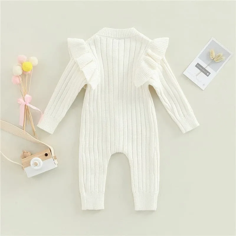 Mandi - Baby Girls Romper Cotton Knit Long Sleeve Ruffle Jumpsuit - Coffee