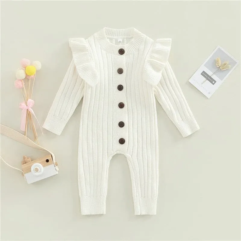 Mandi - Baby Girls Romper Cotton Knit Long Sleeve Ruffle Jumpsuit - Coffee