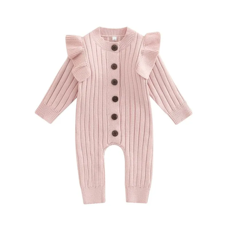 Mandi - Baby Girls Romper Cotton Knit Long Sleeve Ruffle Jumpsuit - Coffee