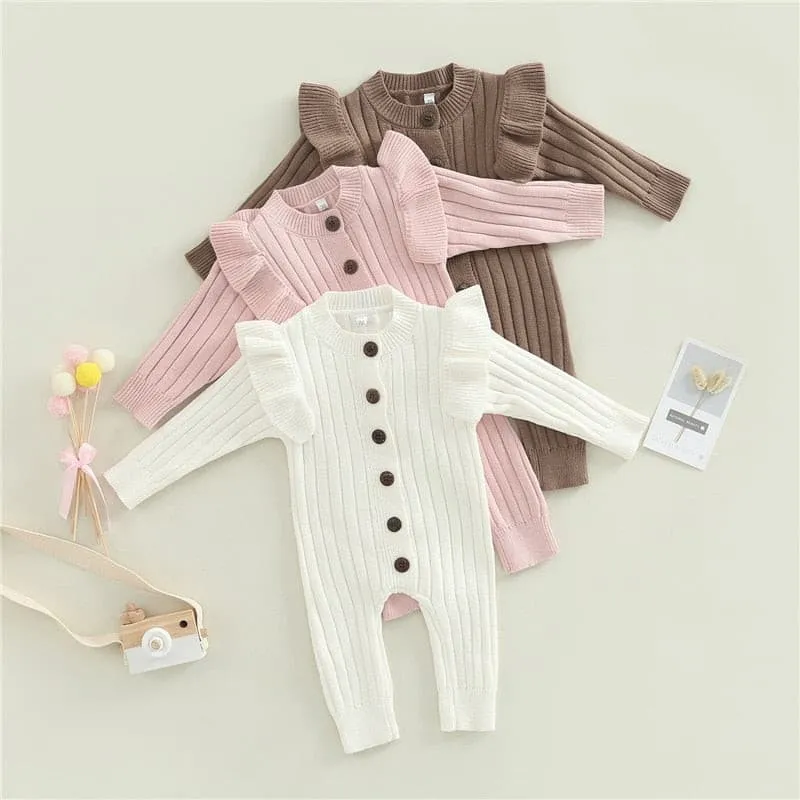 Mandi - Baby Girls Romper Cotton Knit Long Sleeve Ruffle Jumpsuit - Coffee