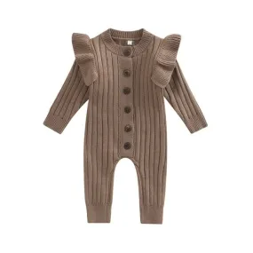 Mandi - Baby Girls Romper Cotton Knit Long Sleeve Ruffle Jumpsuit - Coffee