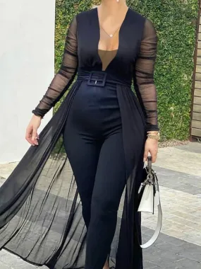 Momnfancy Tulle V-neck Long Sleeve Bodycon Plus Size Maternity Jumpsuit