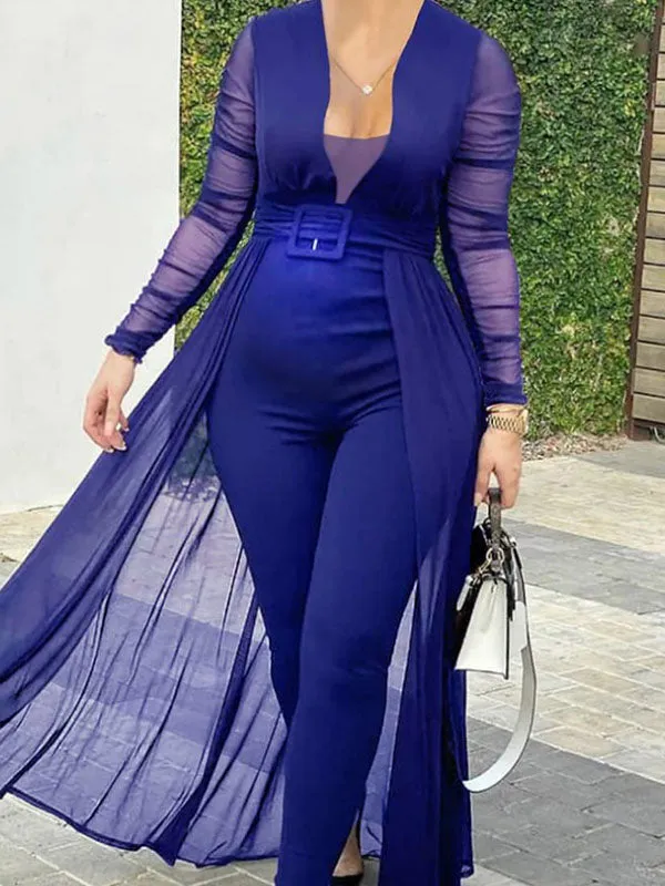 Momnfancy Tulle V-neck Long Sleeve Bodycon Plus Size Maternity Jumpsuit