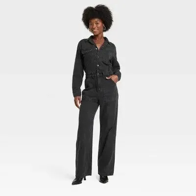 New - Women's Long Sleeve Utility Baggy Denim Jumpsuit - Universal Thread Black 6