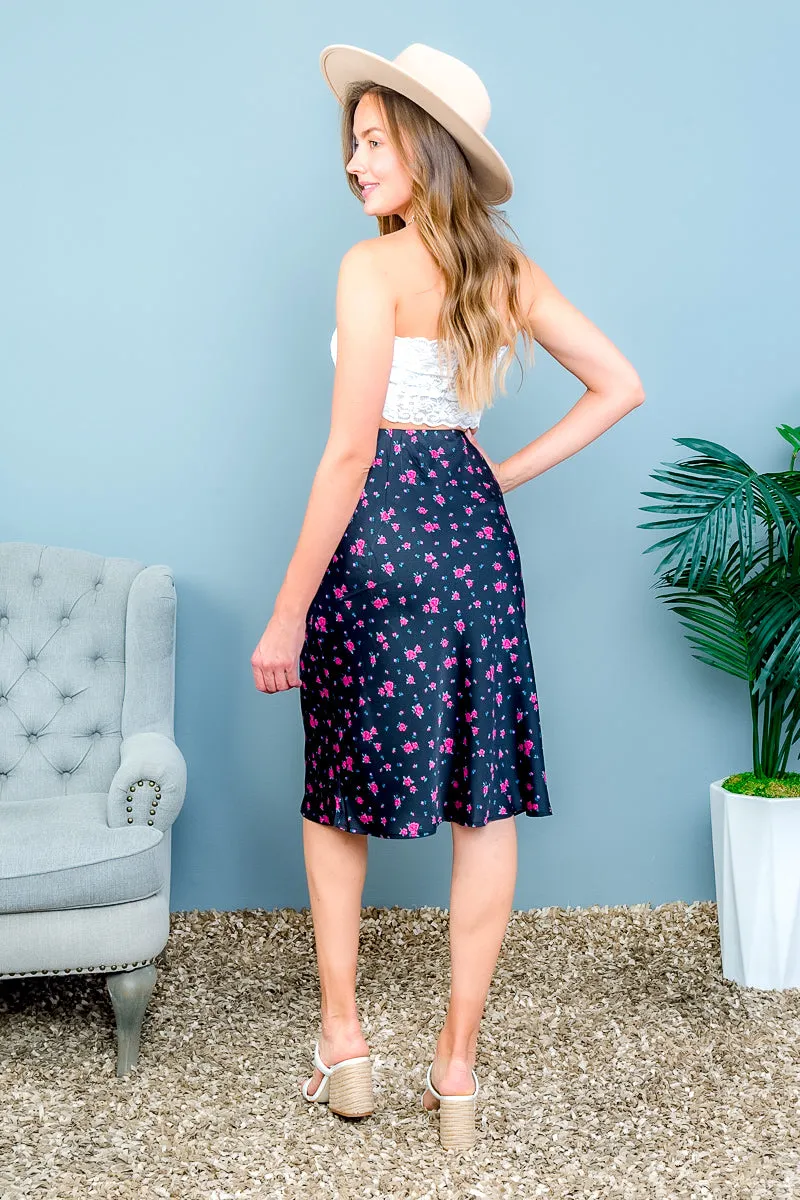 Rose Pink Floral Print Crepe Satin A-Line Midi Skirt in Black (00374065)