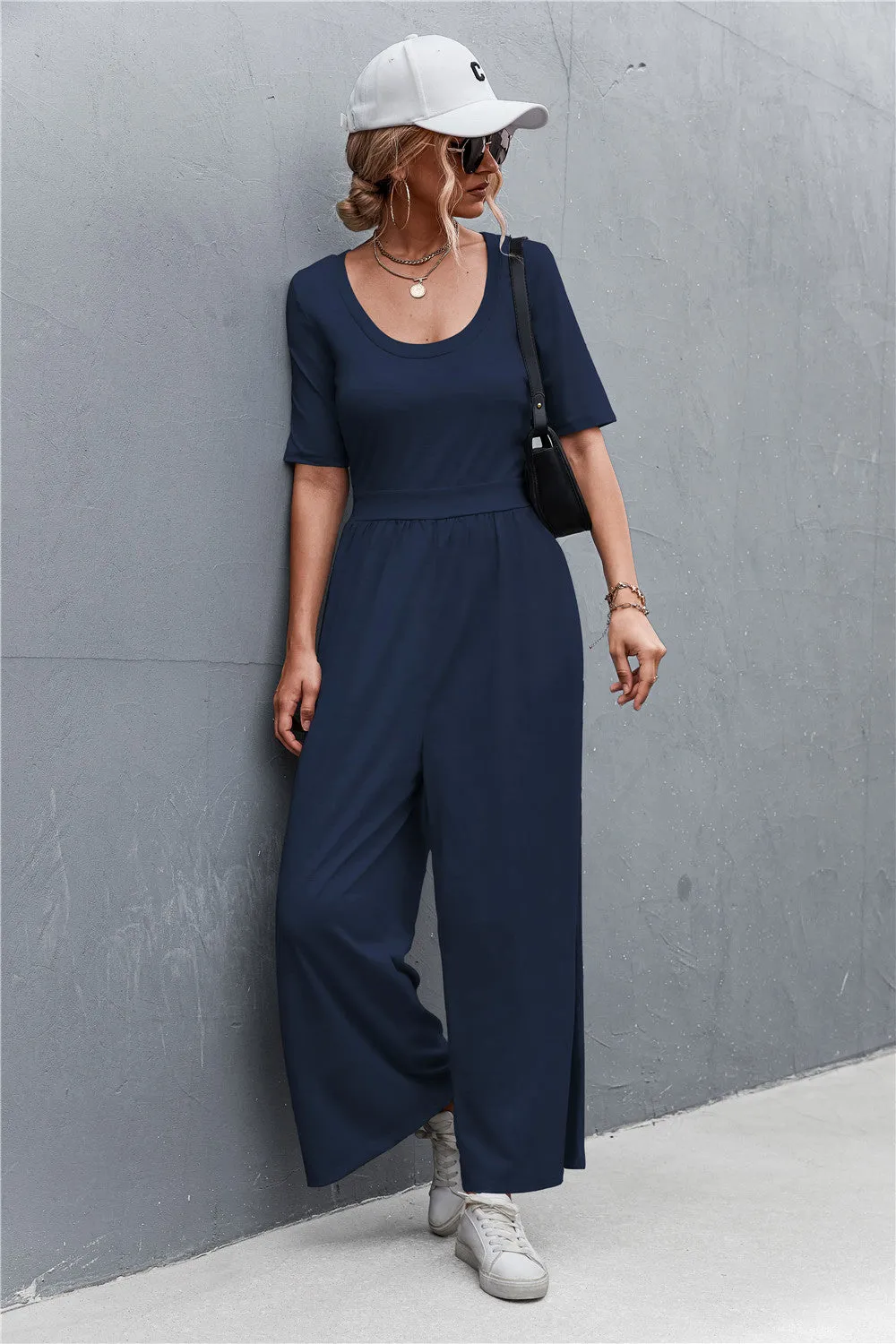 Scoop Neck Half Sleeve Wide Leg Jumpsuit