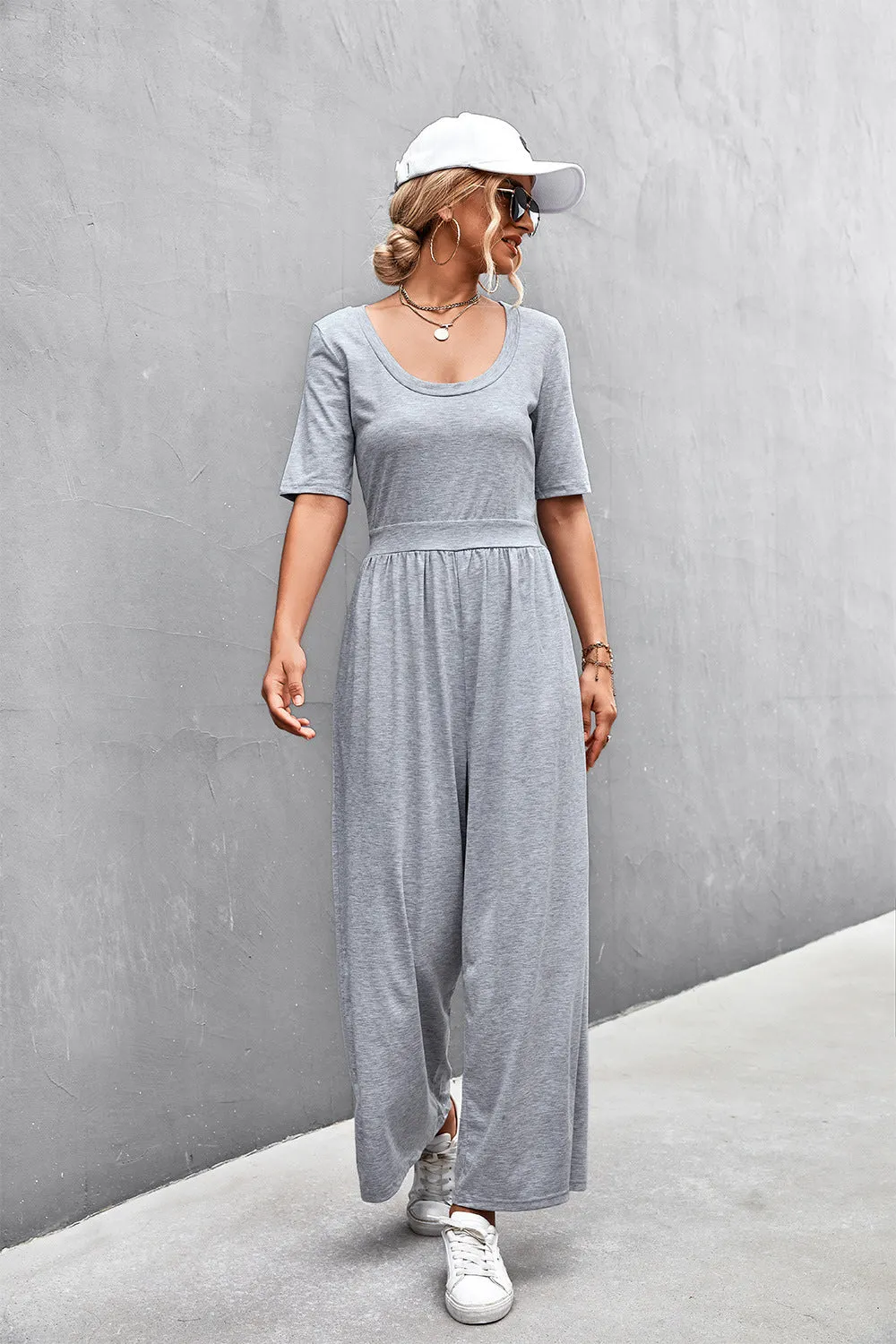 Scoop Neck Half Sleeve Wide Leg Jumpsuit