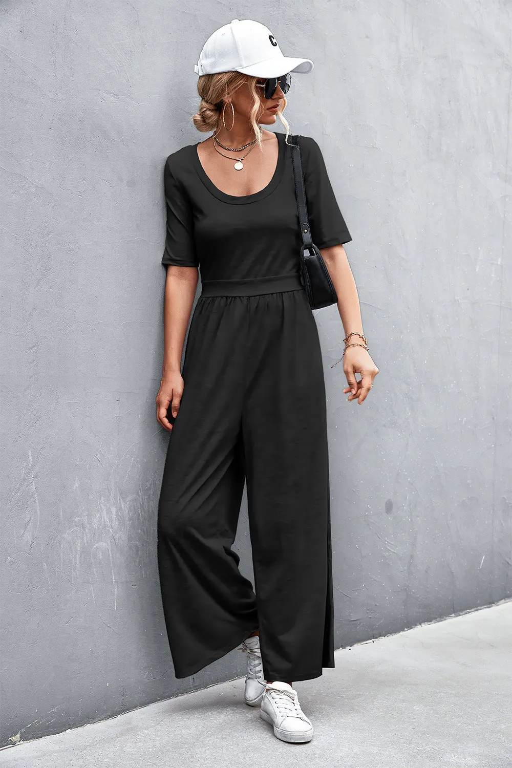 Scoop Neck Half Sleeve Wide Leg Jumpsuit