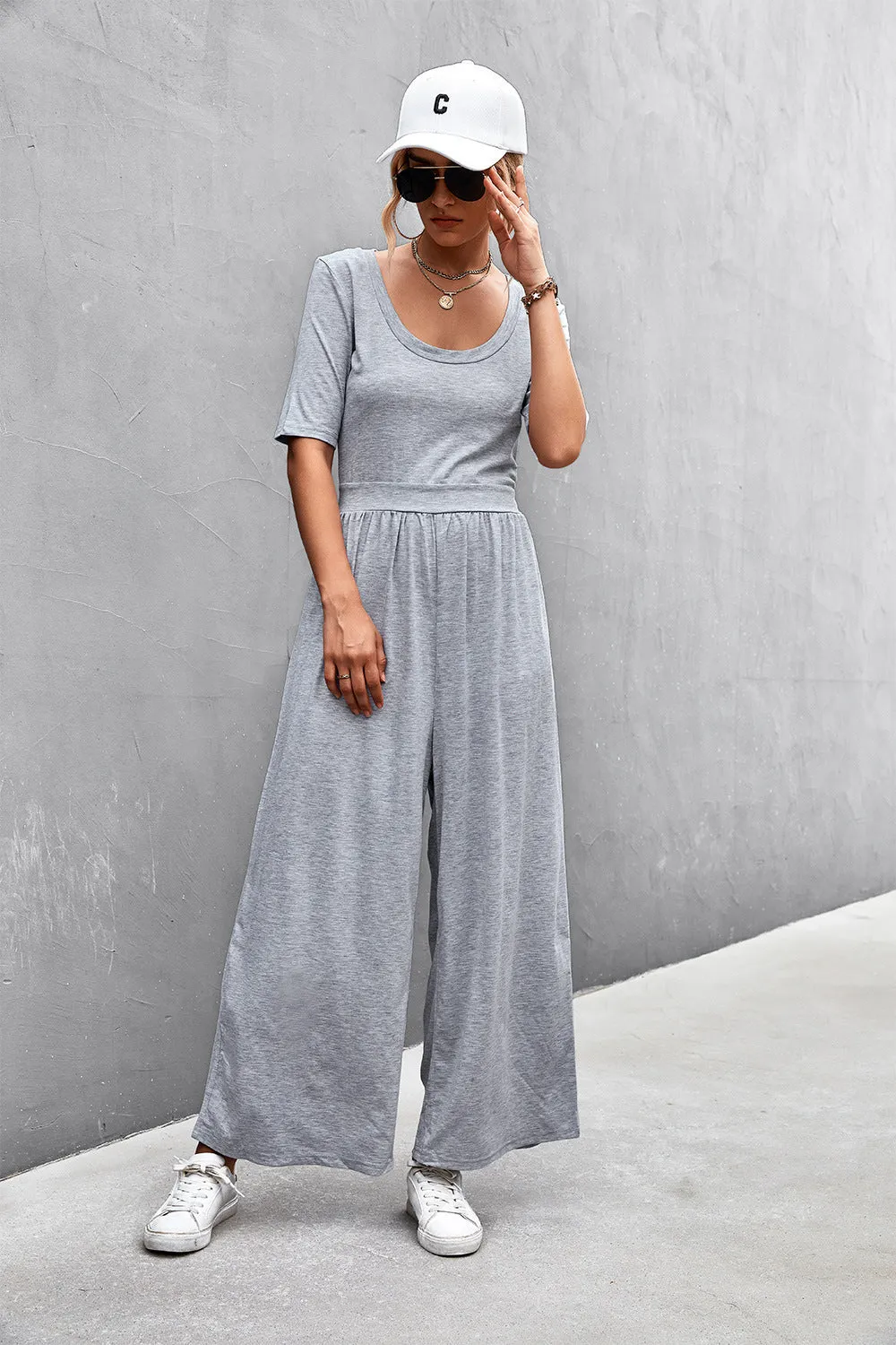 Scoop Neck Half Sleeve Wide Leg Jumpsuit