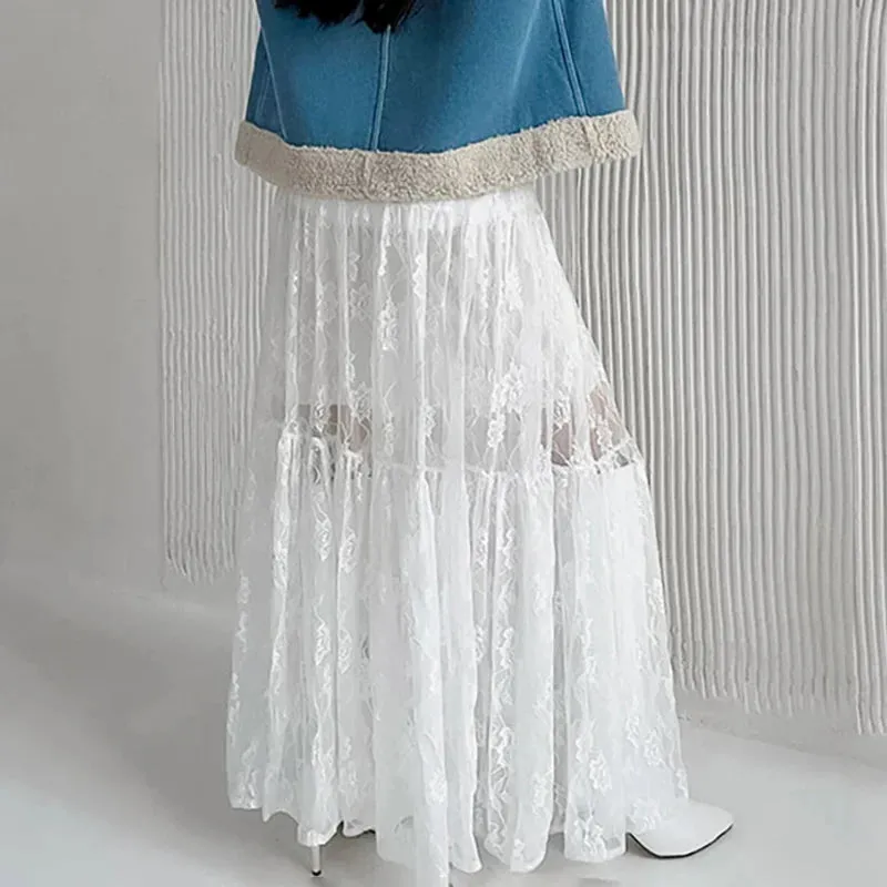 Sexy Lace See-Through Jacquard Summer Loose A-line Patchwork High-Waisted Skirt