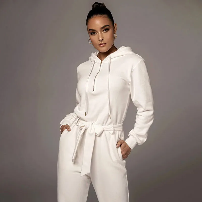 Solid Color Long Sleeve V-neck Hooded Jumpsuits