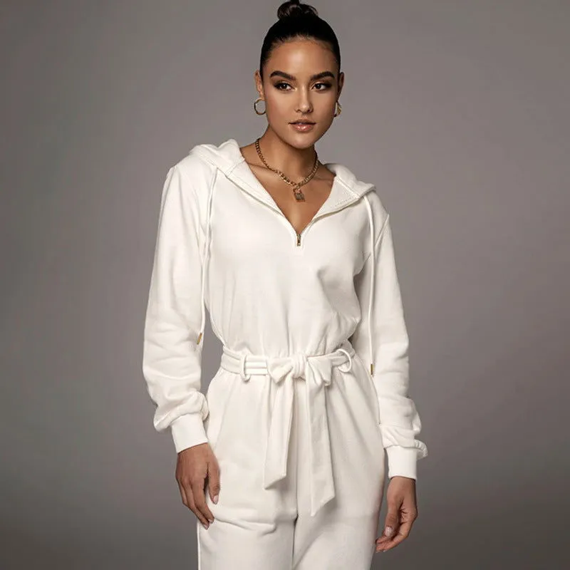 Solid Color Long Sleeve V-neck Hooded Jumpsuits