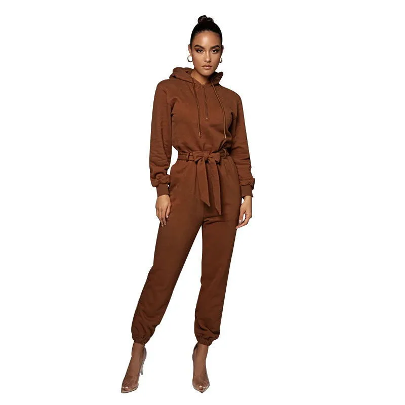 Solid Color Long Sleeve V-neck Hooded Jumpsuits