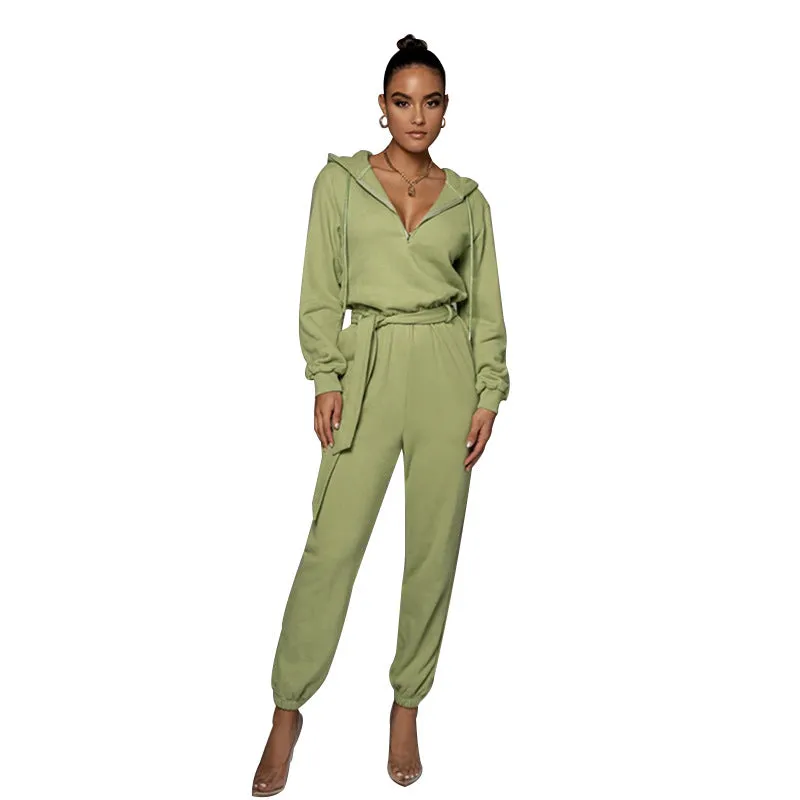 Solid Color Long Sleeve V-neck Hooded Jumpsuits