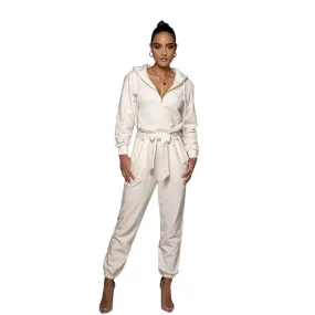 Solid Color Long Sleeve V-neck Hooded Jumpsuits