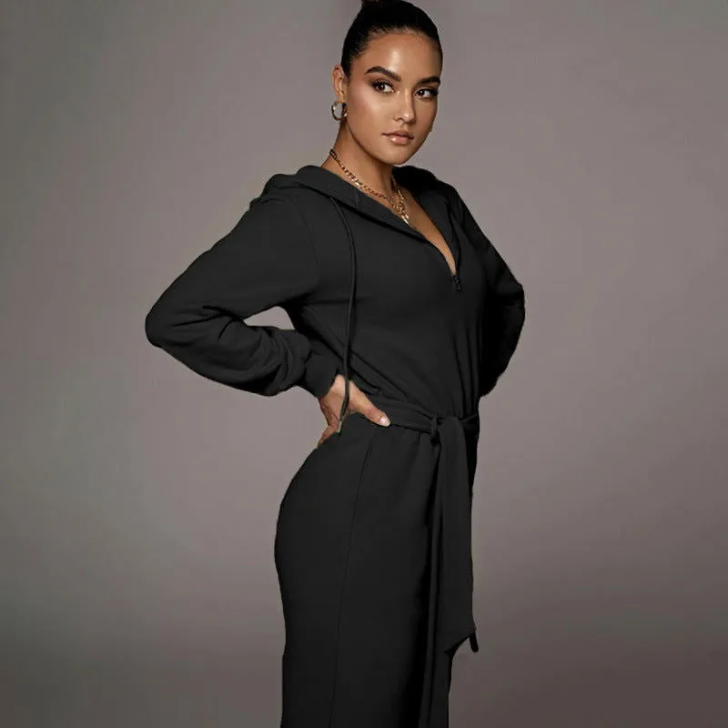 Solid Color Long Sleeve V-neck Hooded Jumpsuits