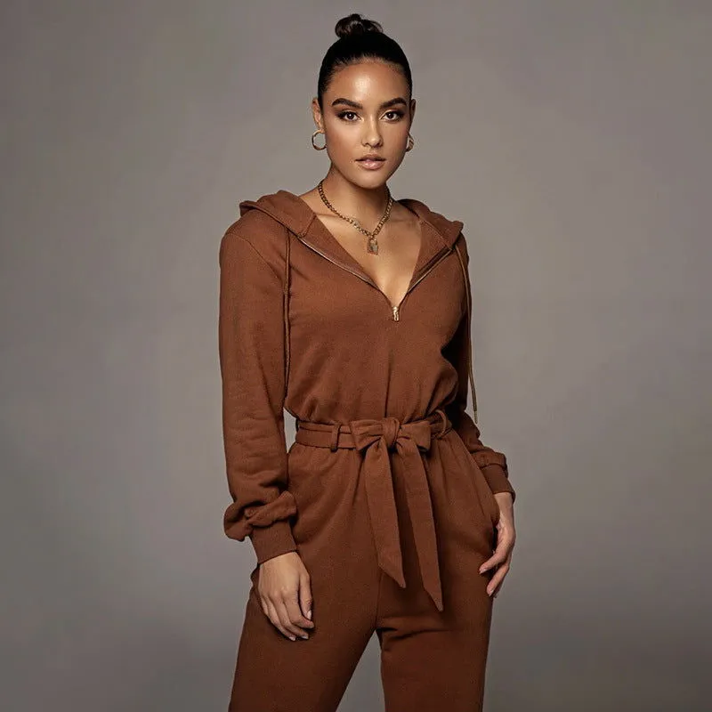 Solid Color Long Sleeve V-neck Hooded Jumpsuits