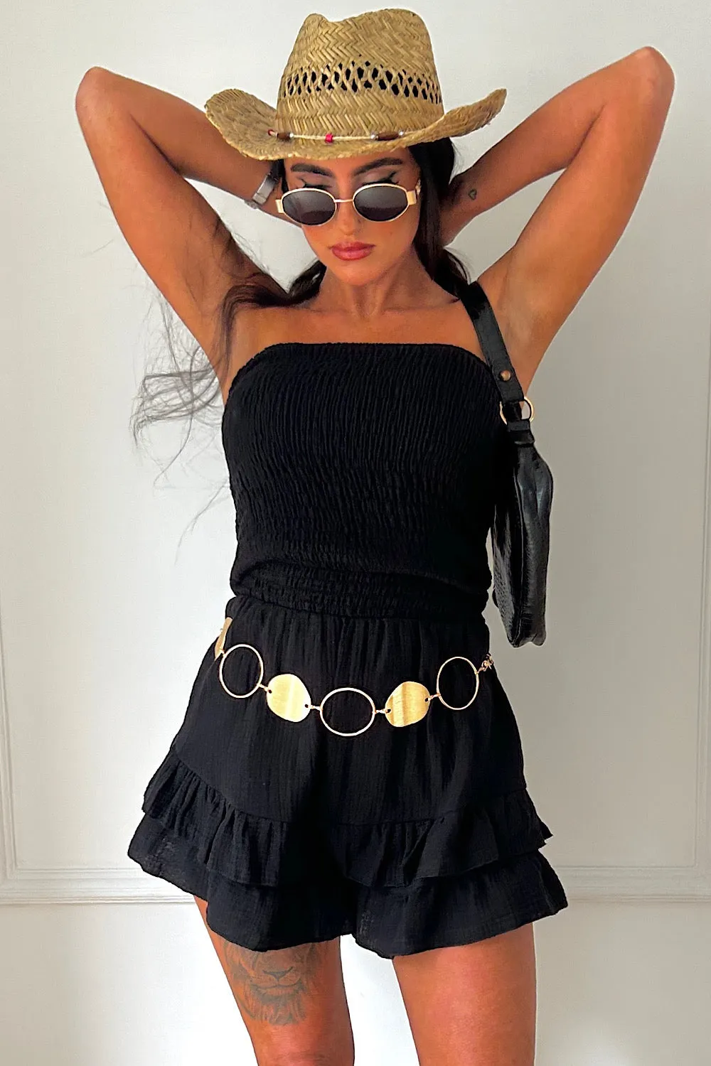 Tyra Black Cheesecloth Frill Playsuit