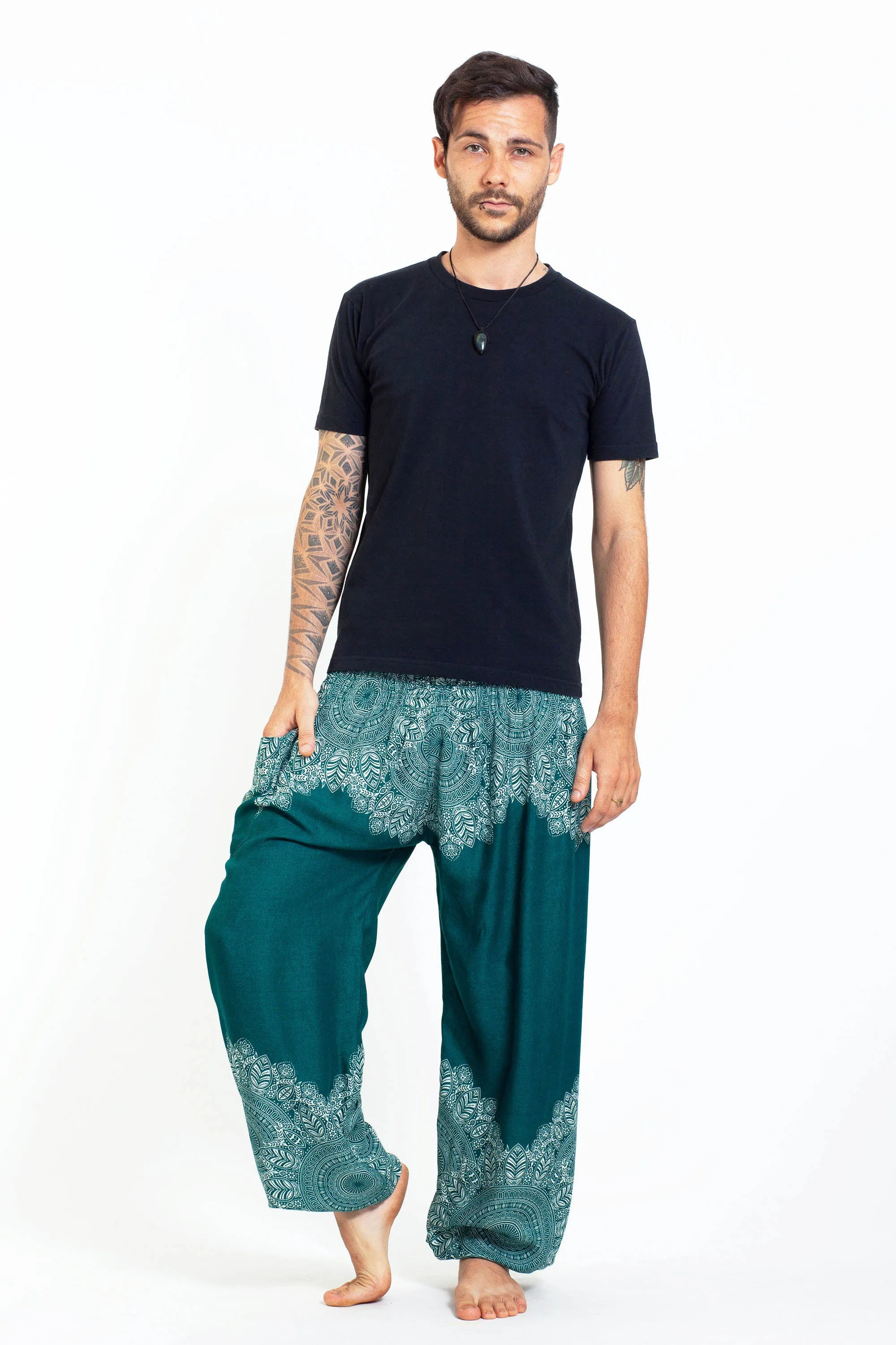 Unisex Floral Mandalas Harem Pants in Teal