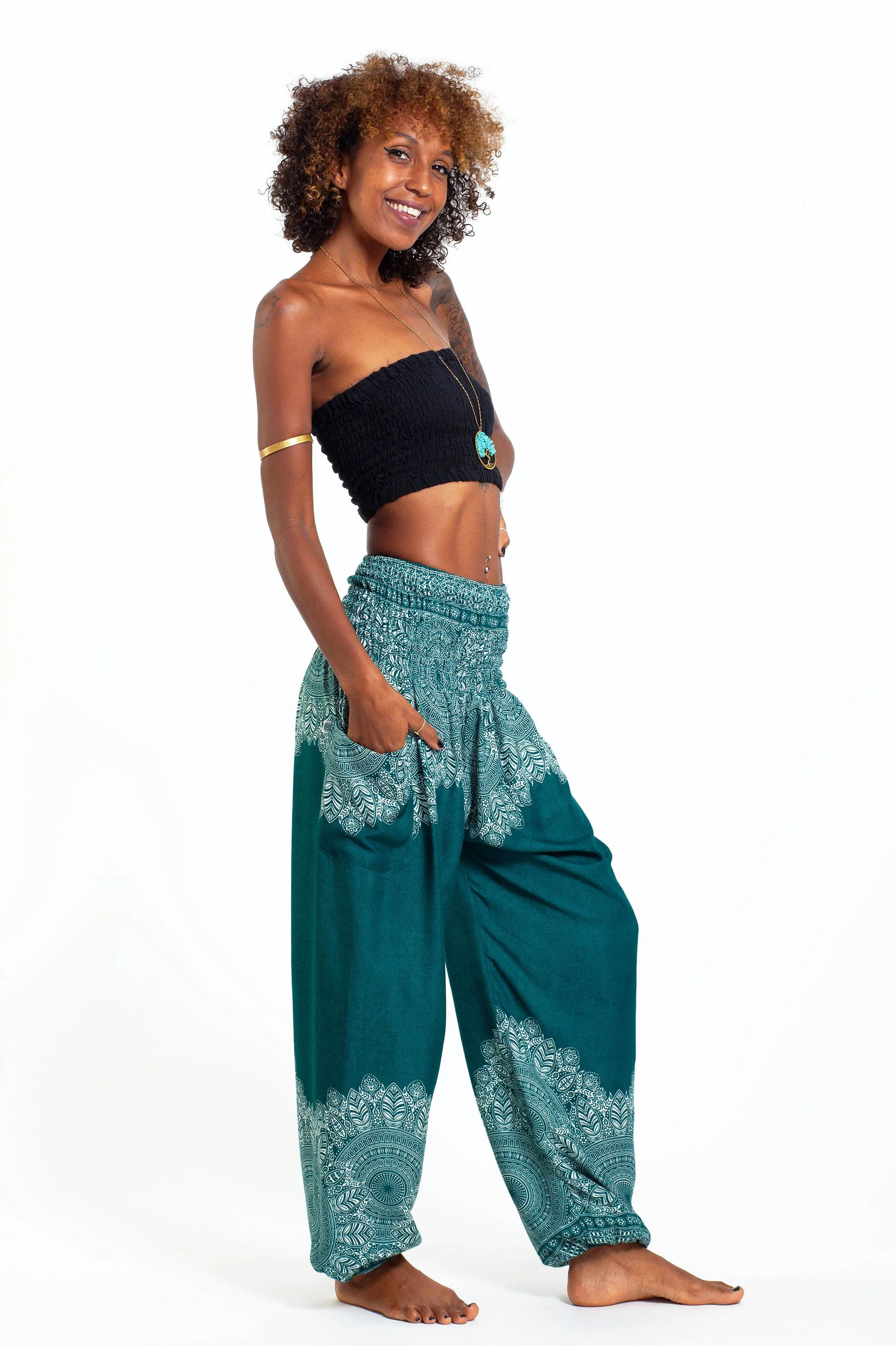 Unisex Floral Mandalas Harem Pants in Teal