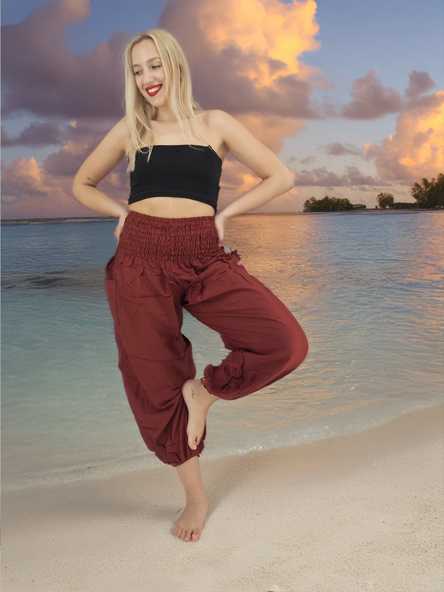 Unisex Harem Yoga Hippie Boho Pants Solid Burgandy M - L - XL