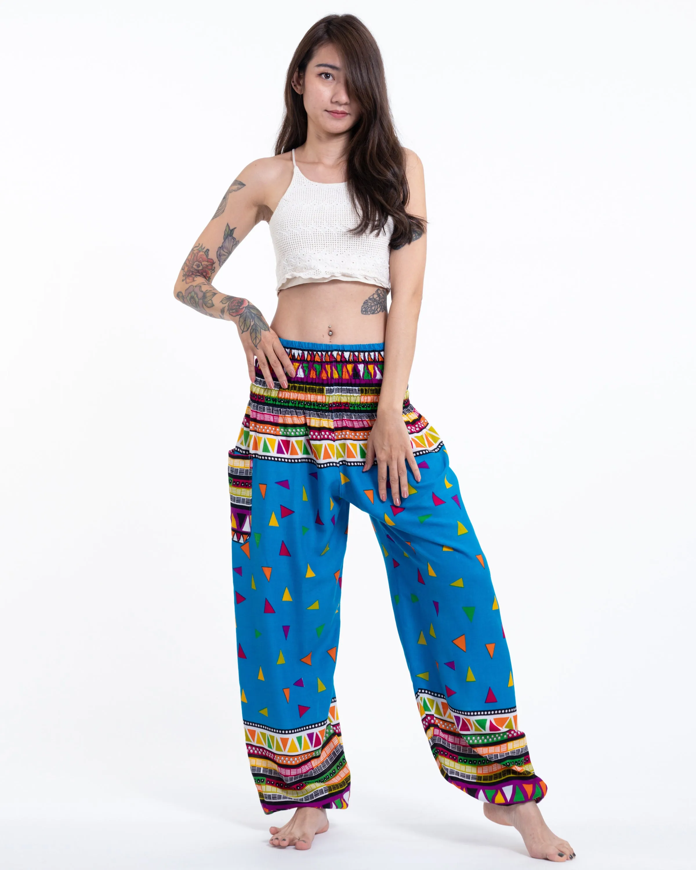 Unisex Triangles Harem Pants in Ocean Blue