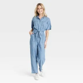 Universal Thread Women's Button Down Short Sleeve Jumpsuits Front Ties, Blue